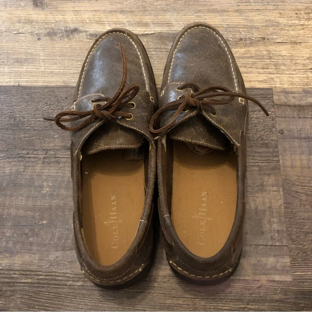 Cole Haan Men's 3-Eye dark gray Leather Boat Shoes, Size 13, C12250